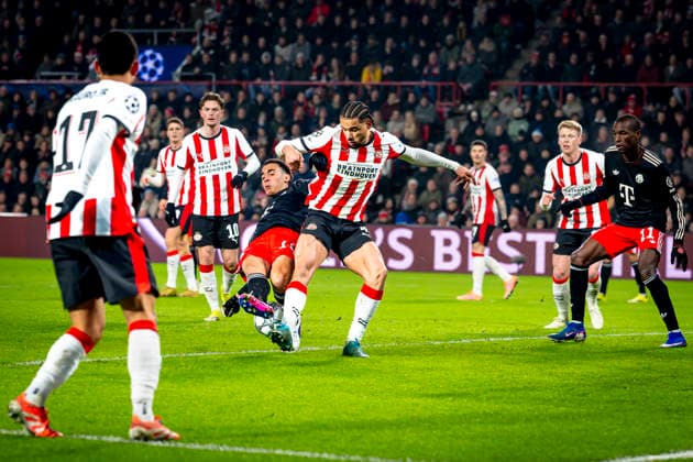 SC Bayern Munchen midfielder Jamal Musiala, PSV Eindhoven defender Armando Obispo during the match PSV Eindhoven vs FC Bayern Munchen at the Philips stadium for the Champions League - League phase - Matchday 8 season 2025-2026 in EINDHOVEN, Netherlands on 28 01 2026, -