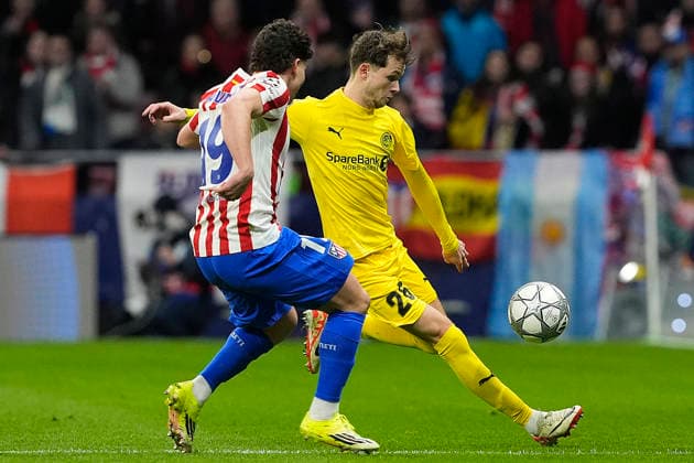 ATLETICO DE MADRID v FK BODO GLIMT. CHAMPIONS LEAGUE 2025 2026. ROUND 8 MATCH. Atletico de Madrid s Julian Alvarez (l) and FK Bodo Glimt s Hakon Evjen during Champions League 2025 2026, Round 8 match. January 28 ,2026. (ALTERPHOTOS Acero) MadridSpain  Copyright: xAcerox