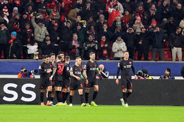 28.01.2026, xrekx, Fussball UEFA Champions League, Bayer 04 Leverkusen - FC Villareal v.l. Torjubel nach dem Tor zum celebrating the goal celebrate 1:0 durch Malik Tillman (Bayer 04 Leverkusen) (DFL DFB REGULATIONS PROHIBIT ANY USE OF PHOTOGRAPHS as IMAGE SEQUENCES and or QUASI-VIDEO) Leverkusen
