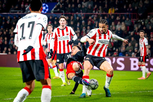 SC Bayern Munchen midfielder Jamal Musiala, PSV Eindhoven defender Armando Obispo during the match PSV Eindhoven vs FC Bayern Munchen at the Philips stadium for the Champions League - League phase - Matchday 8 season 2025-2026 in EINDHOVEN, Netherlands on 28 01 2026, -