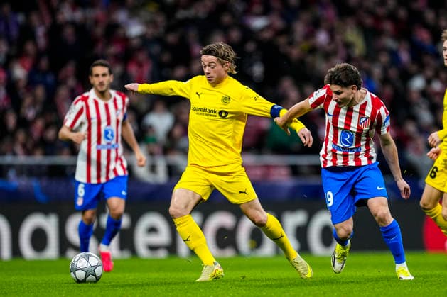 January 28, 2026, Madrid, Madrid, Spain: Julian Alvarez of Atletico de Madrid and Patrick Berg of FK Bodo Glimt in action during the UEFA Champions League 2025 26 League Phase MD8 match between Atletico de Madrid and FK Bodo Glimt at Riyadh Air Metropolitano stadium on January 28, 2026 in Madrid, Spain. Madrid Spain - ZUMAa181 20260128_zaa_a181_058 Copyright: xOscarxJ.xBarrosox