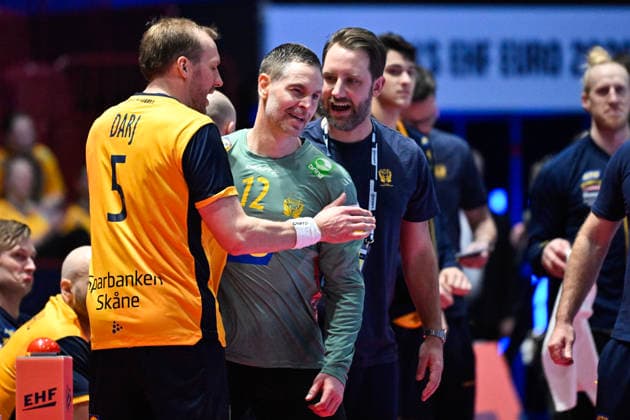 MALMÖ, SWEDEN 20260128 Sweden s goalkeeper Andreas Palicka is celebrated by Max Darj after a double save during the European Handball Championship s intermediate round match between Switzerland and Sweden at Malmö Arena, Malmö, Sweden, January 28, 2026. MALMÖ SWEDEN x50090x