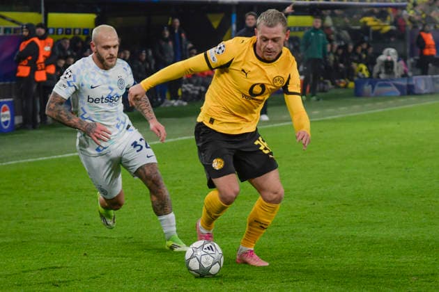 v. li. im Zweikampf Federico Dimarco (Inter 32) Julian Ryerson (Dortmund 26) 28.01.2026 Fussball, Champions League, Borussia Dortmund vs Inter Mailand , Signal Iduna Park, Dortmund,