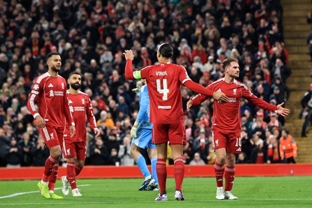 28th January 2026; Anfield, Liverpool, Merseyside, England; UEFA Champions League Football, Liverpool versus Qarabag; Alexis MacAllister of Liverpool celebrates after scoring for 1-0 after 15 minutes  DavidxBlunsden Content restricted for UK based newspaper