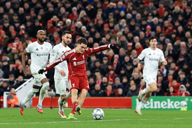 28th January 2026; Anfield, Liverpool, Merseyside, England; UEFA Champions League Football, Liverpool versus Qarabag; Florian Wirtz of Liverpool shoots and scores for 2-0 after 21 minutes  DavidxBlunsden