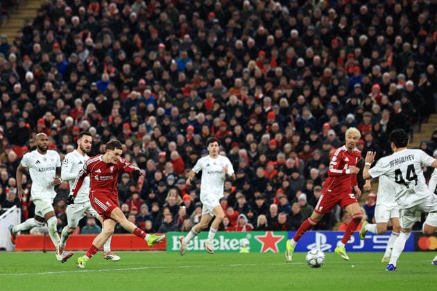 28th January 2026; Anfield, Liverpool, Merseyside, England; UEFA Champions League Football, Liverpool versus Qarabag; Florian Wirtz of Liverpool shoots and scores for 2-0 after 21 minutes  DavidxBlunsden