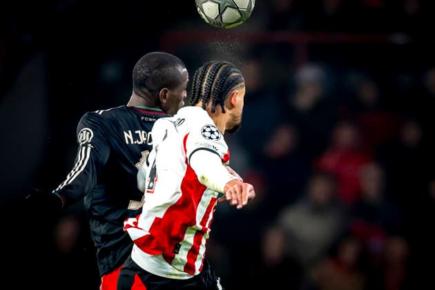 SC Bayern Munchen forwarder Nicolas Jackson, PSV Eindhoven defender Armando Obispo during the match PSV Eindhoven vs FC Bayern Munchen at the Philips stadium for the Champions League - League phase - Matchday 8 season 2025-2026 in EINDHOVEN, Netherlands on 28 01 2026, -