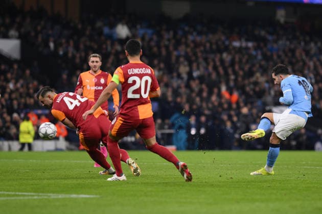 Manchester City v Galatasaray 28 January 2026 Manchester, UEFA Champions League football - Manchester City v Galatasaray - Rayan Cherki of Manchester City scoring the second goal for his team - Photo by Gary Oakes. Manchester UK Copyright: xGaryxOakleyxOffside