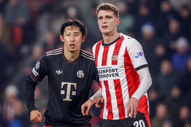 2026-01-28 PSV Eindhoven v FC Bayern Munich - UEFA Champions League 2025 26 League Phase MD8 EINDHOVEN, NETHERLANDS - JANUARY 28: Hiroki Ito of FC Bayern Munich, Guus Til of PSV Eindhoven during the UEFA Champions League 2025 26 League Phase MD8 match between PSV Eindhoven and FC Bayern Munich at Philips Stadion on January 28, 2026 in Eindhoven, Netherlands. Eindhoven Philips Stadion Netherlands Content not available for redistribution in The Netherlands directly or indirectly through any third parties. Copyright: xBroerxvanxdenxBoomx