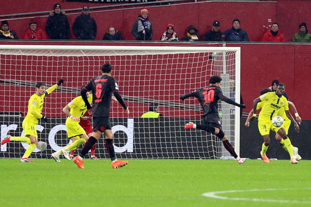 28.01.2026, xrekx, Fussball UEFA Champions League, Bayer 04 Leverkusen - FC Villareal v.l. Torschuss zum 2:0 durch Malik Tillman (Bayer 04 Leverkusen) (DFL DFB REGULATIONS PROHIBIT ANY USE OF PHOTOGRAPHS as IMAGE SEQUENCES and or QUASI-VIDEO) Leverkusen