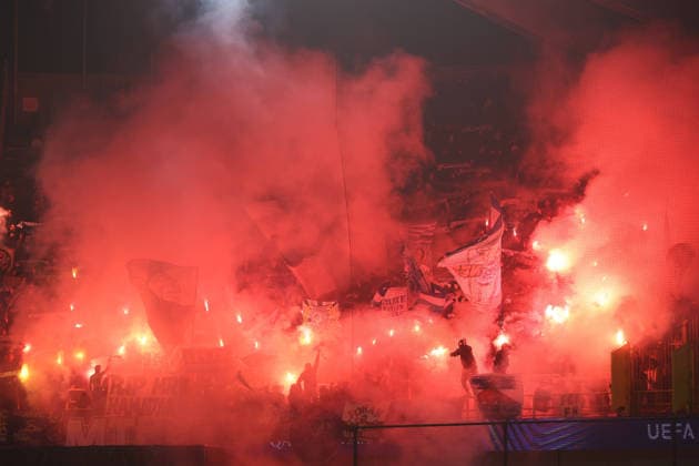 FOOTBALL : Club Brugge vs Olympique de Marseille - UEFA Ligue des Champions - 28 01 2026 Supporters de l Olympique de Marseille lors du match Club Brugge vs Olympique de Marseille, UEFA Ligue des Champions phase de Ligue J8, Jan Breydelstation Bruges, le 28 janvier 2026 - photo Laurent Sanson PsnewZ  Copyright: xLaurentxSANSONx xPsnewZx