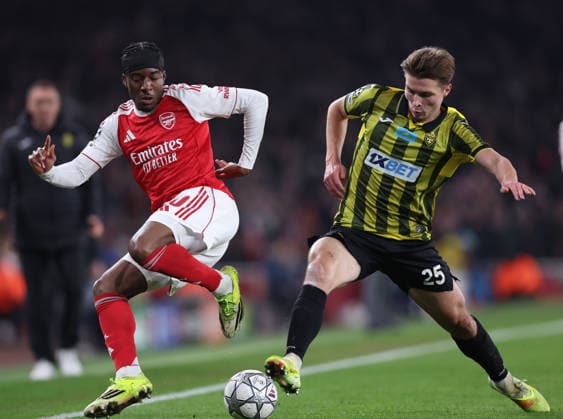 London, England, 28th January 2026. Noni Madueke of Arsenal and Alexandr Shirobokov of FC Kairat Almaty during the Arsenal vs Kairat Almaty UEFA Champions League match at the Emirates Stadium, London. Picture credit should read: David Klein Sportimage EDITORIAL USE ONLY. No use with unauthorised audio, video, data, fixture lists, club league logos or live services. Online in-match use limited to 120 images, no video emulation. No use in betting, games or single club league player publications. SPI_041_DK_Arsenal_Alamty SPI-4488-0038