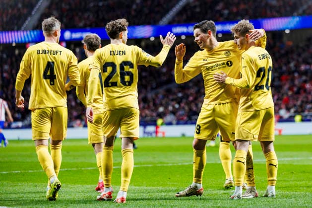 Atletico de Madrid vs Bodo Glimt - UEFA Champions League - 28 01 2026 Fredrik Sjovold of Bodo Glimt celebrating his goal with his teammates during the UEFA Champions League match between Atletico de Madrid and Bodo Glimt at Riyadh Air Metropolitano on January 28, 2026 in Madrid, Spain. Madrid Spain Copyright: xMarinaxFrutos PGSxPhotoxAgencyx