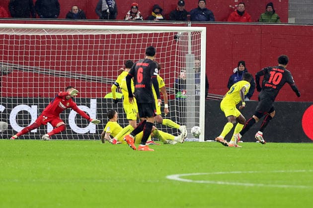 28.01.2026, xrekx, Fussball UEFA Champions League, Bayer 04 Leverkusen - FC Villareal v.l. Torschuss zum 2:0 durch Malik Tillman (Bayer 04 Leverkusen) (DFL DFB REGULATIONS PROHIBIT ANY USE OF PHOTOGRAPHS as IMAGE SEQUENCES and or QUASI-VIDEO) Leverkusen