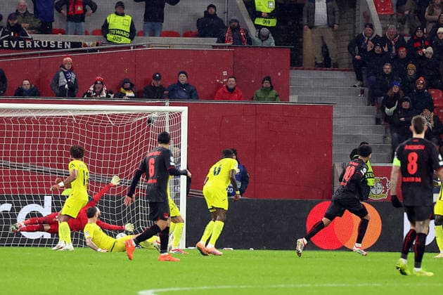 28.01.2026, xrekx, Fussball UEFA Champions League, Bayer 04 Leverkusen - FC Villareal v.l. Torschuss zum 2:0 durch Malik Tillman (Bayer 04 Leverkusen) (DFL DFB REGULATIONS PROHIBIT ANY USE OF PHOTOGRAPHS as IMAGE SEQUENCES and or QUASI-VIDEO) Leverkusen