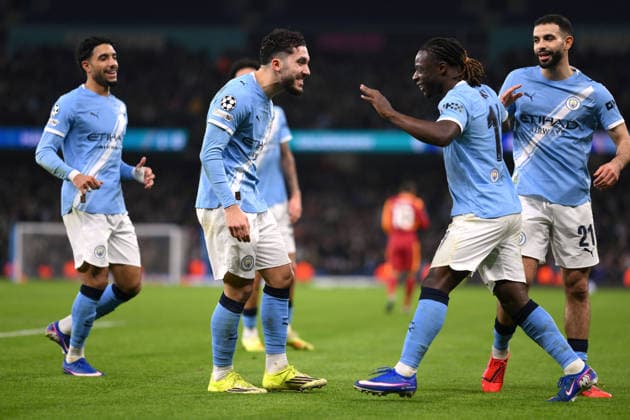 Manchester City v Galatasaray 28 January 2026 Manchester, UEFA Champions League football - Manchester City v Galatasaray - Rayan Cherki of Manchester City celebrates the second goal with provider Jeremy Doku of Manchester City - Photo by Gary Oakes. Manchester UK Copyright: xGaryxOakleyxOffside