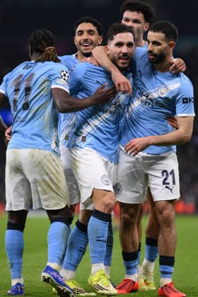 Manchester City v Galatasaray 28 January 2026 Manchester, UEFA Champions League football - Manchester City v Galatasaray - City players celebrate their second goal scored by Rayan Cherki of Manchester City (centre) - Photo by Gary Oakes. Manchester UK Copyright: xGaryxOakleyxOffside