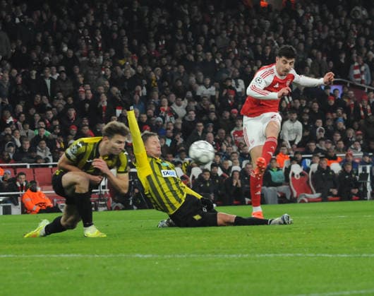 Football - 2025 2026 UEFA Champions League - Pool Stage - Round 8 (Final) - Arsenal vs FC Kairat - Emirates Stadium - Wednesday 28th January 2026 Kai Havertz of Arsenal scores goal no 2 