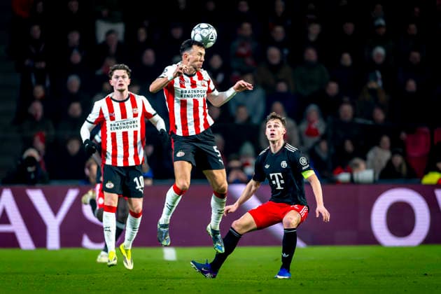 PSV Eindhoven forwarder Ivan PeriÅ¡iÄ‡, SC Bayern Munchen midfielder Joshua Kimmich during the match PSV Eindhoven vs FC Bayern Munchen at the Philips stadium for the Champions League - League phase - Matchday 8 season 2025-2026 in EINDHOVEN, Netherlands on 28 01 2026, -