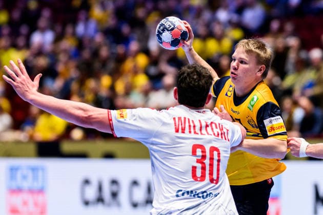 260128 Axel Mansson of Sweden during the EHF European Handball Championship main round match between Switzerland and Sweden on January 28, 2026 in Malmö. Photo: Petter Arvidson BILDBYRAN kod PA PA1145 handball handboll handball handbolls-em 2026 schweiz sverige sweden ehf european handball championship switzerland bbeng Copyright: PETTERxARVIDSON BB260128PA187