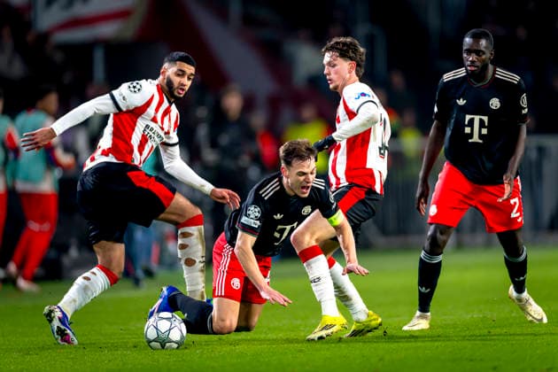 PSV Eindhoven midfielder Ismael Saibari, SC Bayern Munchen midfielder Joshua Kimmich during the match PSV Eindhoven vs FC Bayern Munchen at the Philips stadium for the Champions League - League phase - Matchday 8 season 2025-2026 in EINDHOVEN, Netherlands on 28 01 2026, -