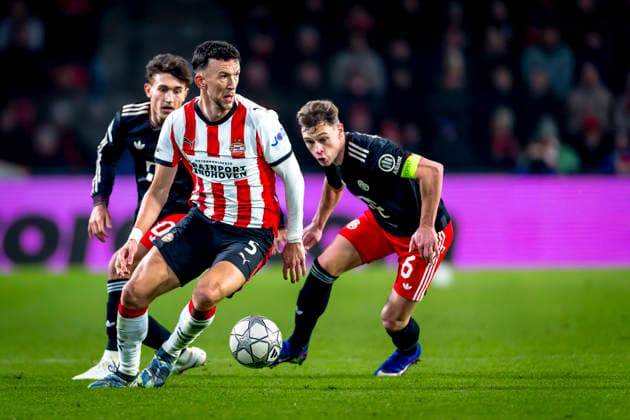 PSV Eindhoven forwarder Ivan PeriÅ¡iÄ‡, SC Bayern Munchen midfielder Joshua Kimmich during the match PSV Eindhoven vs FC Bayern Munchen at the Philips stadium for the Champions League - League phase - Matchday 8 season 2025-2026 in EINDHOVEN, Netherlands on 28 01 2026, -