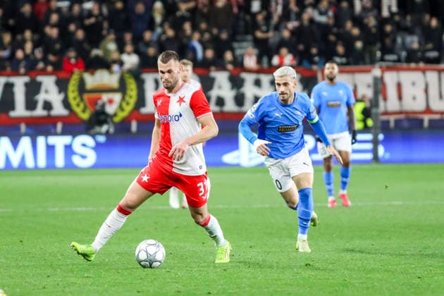 UEFA CL : Pafos vs Slavia Praha ERIK PREKOP of Slavia Praha controls the ball before VLAD DRAGOMIR of Pafos. Pafos plays against Slavia Praha for the League Phase of the UEFA Champions League in Limassol stadium, Limassol, Cyprus, on Jan. 28, 2026. Limassol Cyprus Copyright: xKOSTASxPIKOULASx