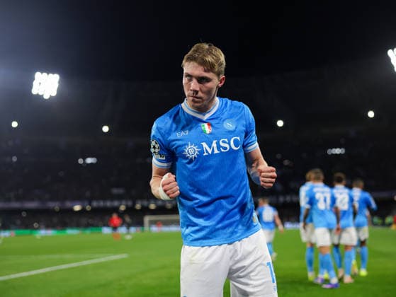 Napoli™s Rasmus Hojlund celebrates after scoring 2-1 during the UEFA Champions League football match between Napoli vs Chelsea - Champions League 2025 2026 - Diego Armando Maradona stadium January 28, 2026 Naples, Italy soccer  Copyright: xAlessandroxGarofalo LaPressex