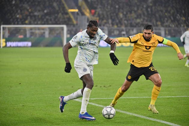 Marcus Thuram (Inter Mailand), Emre Can (Borussia Dortmund), v.li. 28.01.2026, Fussball, UEFA Champions League 2025 2026, 8. Spieltag, Borussia Dortmund - Inter Mailand UEFA regulations prohibit any use of photographs as image sequences and or quasi-video Dortmund Signal Iduna Park Nordrhein Westfalen Deutschland
