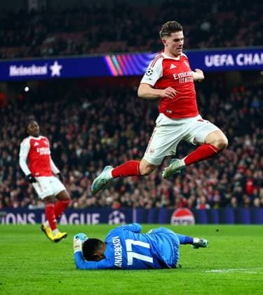 Viktor Gyokeres of Arsenal jumps over Temirlan Anarbekov of Kairat Almaty. Arsenal v Kairat Almaty, UEFA Champions League, Group Stage, Football, Emirates Stadium, London, UK - 28 Jan 2026London Emirates Stadium United Kingdom EDITORIAL USE ONLY No use with unauthorised audio, video, data, fixture lists, club league logos or live services. Online in-match use limited to 120 images, no video emulation. No use in betting, games or single club league player publications. Copyright: xJamesxMarsh Shutterstockx 16429471bh