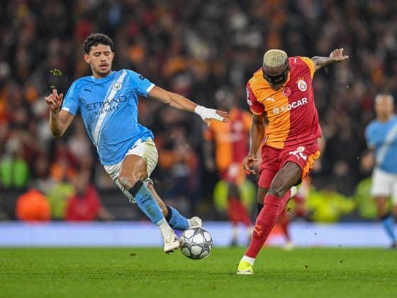 Manchester City v Galatasaray UEFA Champions League Matheus Nunes of Manchester City and Victor Osimhen of Galatasaray during the UEFA Champions League match at the Etihad Stadium, Manchester 28 01 2026 UK Newspapers OUT Copyright: xKarlxVallantinex FIL-22873-0062