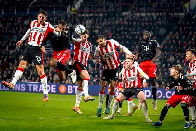 PSV Eindhoven midfielder Joey Veerman, SC Bayern Munchen defender Jonathan Tah, PSV Eindhoven forwarder Dennis Man, PSV Eindhoven defender Armando Obispo during the match PSV Eindhoven vs FC Bayern Munchen at the Philips stadium for the Champions League - League phase - Matchday 8 season 2025-2026 in EINDHOVEN, Netherlands on 28 01 2026, (Photo by Marcel van Dorst EYE4IMAGES) -