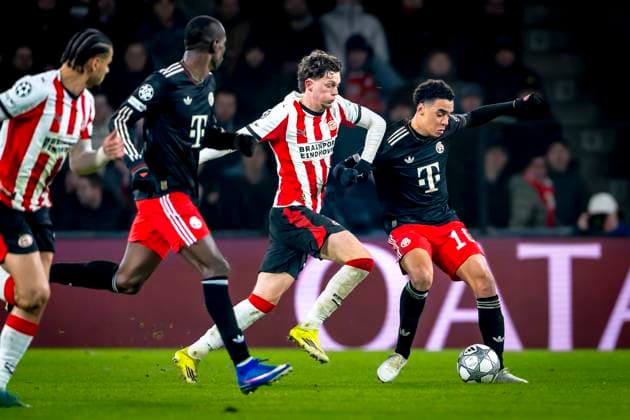 PSV Eindhoven midfielder Paul Wanner, SC Bayern Munchen midfielder Jamal Musiala during the match PSV Eindhoven vs FC Bayern Munchen at the Philips stadium for the Champions League - League phase - Matchday 8 season 2025-2026 in EINDHOVEN, Netherlands on 28 01 2026, (Photo by Marcel van Dorst EYE4IMAGES) -