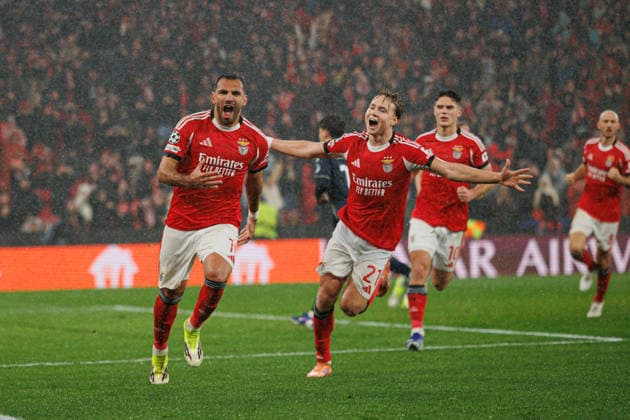 Vangelis Pavlidis and Andreas Schjelderup seen celebrating after scoring goal during Champions League phase game between SL Benfica and Real Madrid CF (Maciej Rogowski Ball Raw Images) Lisbon Estadio da Luz Portugal Copyright: xMaciejxRogowskix maciejrogowski_benfica_realmadrid_2526-36