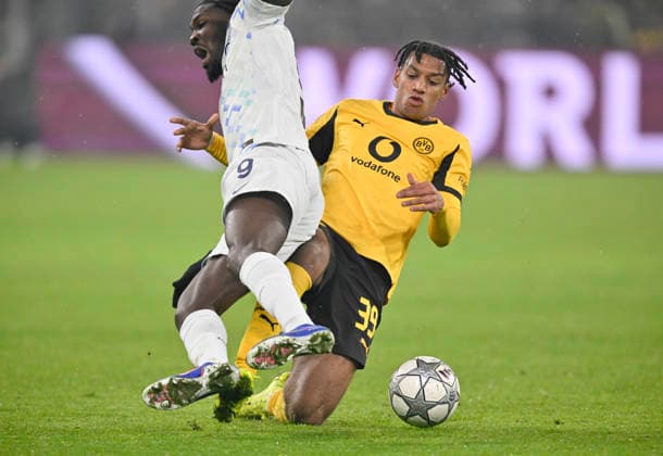 v.r. Filippo Mane (Borussia Dortmund), Marcus Thuram (Inter Mailand) Aktion, Zweikampf, Fussball Champions League, Borussia Dortmund - Inter Mailand, 8. Spieltag, am 28.01.2026 in Dortmund Deutschland. UEFA regulations prohibit any use of photographs as image sequences and or quasi-video Â