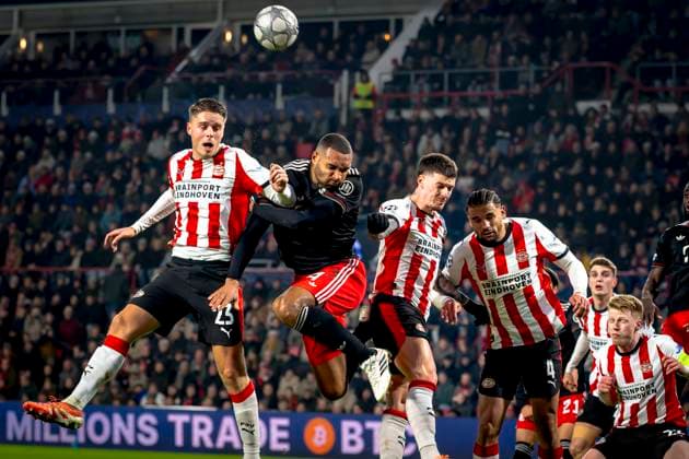 PSV Eindhoven midfielder Joey Veerman, SC Bayern Munchen defender Jonathan Tah, PSV Eindhoven forwarder Dennis Man, PSV Eindhoven defender Armando Obispo during the match PSV Eindhoven vs FC Bayern Munchen at the Philips stadium for the Champions League - League phase - Matchday 8 season 2025-2026 in EINDHOVEN, Netherlands on 28 01 2026, (Photo by Marcel van Dorst EYE4IMAGES) -