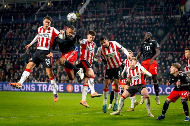 PSV Eindhoven midfielder Joey Veerman, SC Bayern Munchen defender Jonathan Tah, PSV Eindhoven forwarder Dennis Man, PSV Eindhoven defender Armando Obispo during the match PSV Eindhoven vs FC Bayern Munchen at the Philips stadium for the Champions League - League phase - Matchday 8 season 2025-2026 in EINDHOVEN, Netherlands on 28 01 2026, (Photo by Marcel van Dorst EYE4IMAGES) -