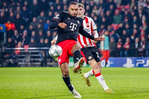 Jonathan Tah of FC Bayern Munchen defends the ball PSV Eindhoven v FC Bayern Munchen, UEFA Champions League 2025 26 League Phase MD8, PSV Eindhoven v FC Bayern Munchen, PSV Stadion, January 28, 2026, Eindhoven, Netherlands.