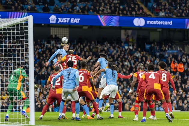 28th January 2026; Etihad Stadium, Manchester, England; UEFA Champions League Football, Manchester City versus Galatasaray; Erling Haland of Manchester City heads the ball  TimxWilliams Content restricted for UK based newspaper