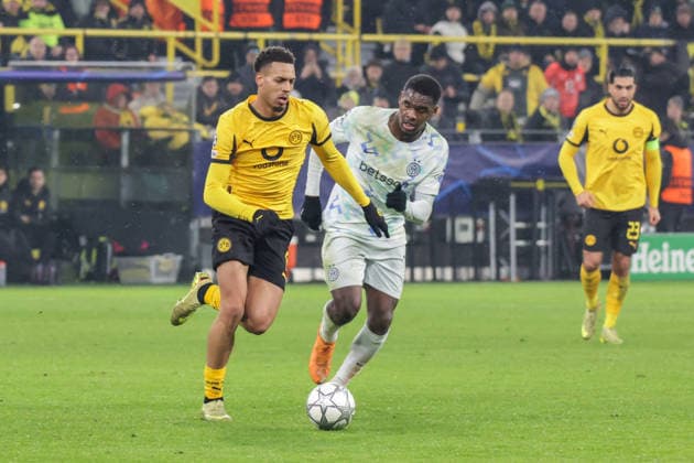 28.01.2026, xgrfx, Fussball UEFA Champions League , Borussia Dortmund - Inter Mailand v.l. Felix Nmecha (Borussia Dortmund), Ange-Yoan Bonny (Inter Mailand) (DFL DFB REGULATIONS PROHIBIT ANY USE OF PHOTOGRAPHS as IMAGE SEQUENCES and or QUASI-VIDEO) Signal Iduna Park