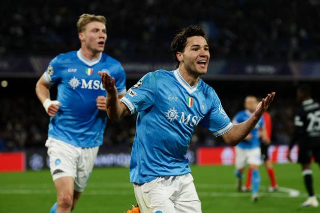 Napoli™s Antonio Vergara celebrates after scoring goal 1-1 during the UEFA Champions League football match between Napoli vs Chelsea - Champions League 2025 2026 - Diego Armando Maradona stadium January 28, 2026 Naples, Italy soccer  Copyright: xAlessandroxGarofalo LaPressex