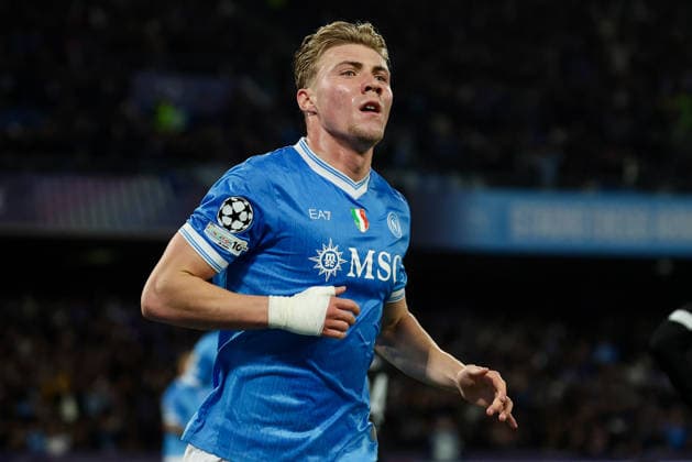 Napoli™s Rasmus Hojlund celebrates after scoring goal 2-1 during the UEFA Champions League football match between Napoli vs Chelsea - Champions League 2025 2026 - Diego Armando Maradona stadium January 28, 2026 Naples, Italy soccer  Copyright: xAlessandroxGarofalo LaPressex