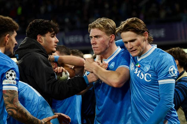 Napoli™s Rasmus Hojlund celebrates after scoring goal 2-1 during the UEFA Champions League football match between Napoli vs Chelsea - Champions League 2025 2026 - Diego Armando Maradona stadium January 28, 2026 Naples, Italy soccer  Copyright: xAlessandroxGarofalo LaPressex