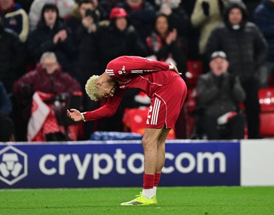 Liverpool, England, 28th January 2026. Hugo Ekitike of Liverpool celebrates scoring the fourth goal during the Liverpool vs Qarabag FK UEFA Champions League match at Anfield, Liverpool. Picture credit should read: Harriet Massey Sportimage EDITORIAL USE ONLY. No use with unauthorised audio, video, data, fixture lists, club league logos or live services. Online in-match use limited to 120 images, no video emulation. No use in betting, games or single club league player publications. SPI_054_HM_Lpool_Qarabag SPI-4487-0053
