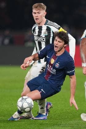 Joao Neves of PSG and Lewis Hall of Newcastle Paris Saint-Germain v Newcastle United, UEFA Champions League, Group Stage, Football, Parc des Princes, Paris, France - 28 Jan 2026Paris Parc des Princes France EDITORIAL USE ONLY No use with unauthorised audio, video, data, fixture lists, club league logos or live services. Online in-match use limited to 120 images, no video emulation. No use in betting, games or single club league player publications. Copyright: xDavexWinter Shutterstockx 16429499ck