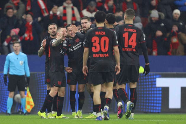 Alejandro Grimaldo (Bayer 04 Leverkusen) celebrates after scoring his team s third goal with teammates during the UEFA Champions League 2025 26 League Phase MD8 match between Bayer 04 Leverkusen and Villarreal CF at BayArena on January 28, 2026 in Leverkusen, Germany. (Photo by Oliver Kaelke DeFodi Images) -