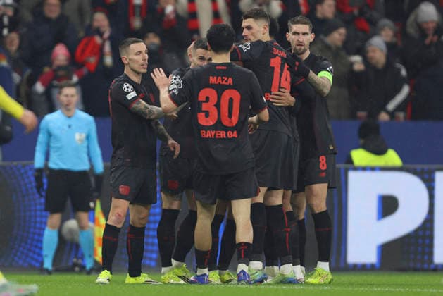 Alejandro Grimaldo (Bayer 04 Leverkusen) celebrates after scoring his team s third goal with teammates during the UEFA Champions League 2025 26 League Phase MD8 match between Bayer 04 Leverkusen and Villarreal CF at BayArena on January 28, 2026 in Leverkusen, Germany. (Photo by Oliver Kaelke DeFodi Images) -