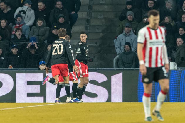 Jamal Musiala (FC Bayern München) celebrates after scoring his team s first goal with teammates during the UEFA Champions League 2025 26 League Phase MD8 match between PSV Eindhoven and FC Bayern München at PSV Stadion on January 28, 2026 in Eindhoven, Netherlands. -