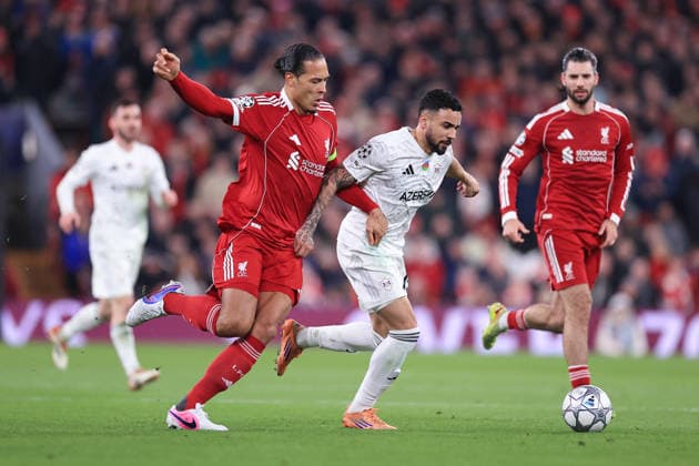 Football - UEFA Champions League - League Phase - Liverpool v Qarabag 28th January 2026 - UEFA Champions League - League Phase - Liverpool v Qarabag - Virgil van Dijk of Liverpool battles with Leandro Andrade of Qarabag - Photo: Simon Stacpoole Offside. Manchester UK Copyright: xSimonxStacpoolexOffside