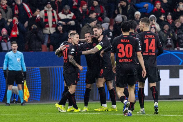 UEFA Champions League: Bayer 04 Leverkusen - Villarreal FC; 28.01.2026 Bayer 04 Leverkusen bejubelt das Tor, 3:0 durch Alejandro Grimaldo (Bayer 04 Leverkusen, 20) UEFA Champions League: Bayer 04 Leverkusen - Villarreal FC; BayArena, Leverkusen; 28.01.2026 Copyright: xBEAUTIFULxSPORTS Buriakovx